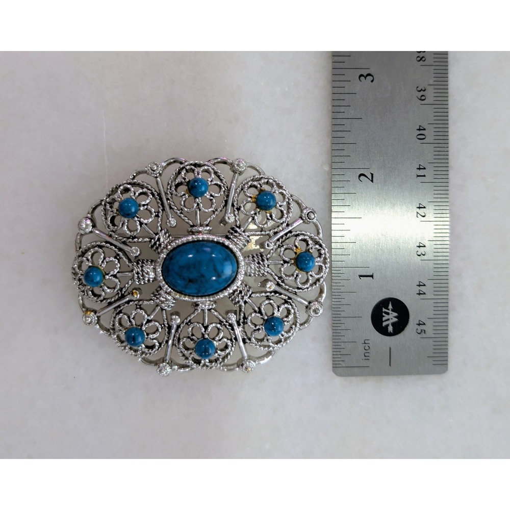 Vintage 1970s Silver Faux Turquoise Brooch Pin Western Southwest Style LT87 - Picture 5 of 5